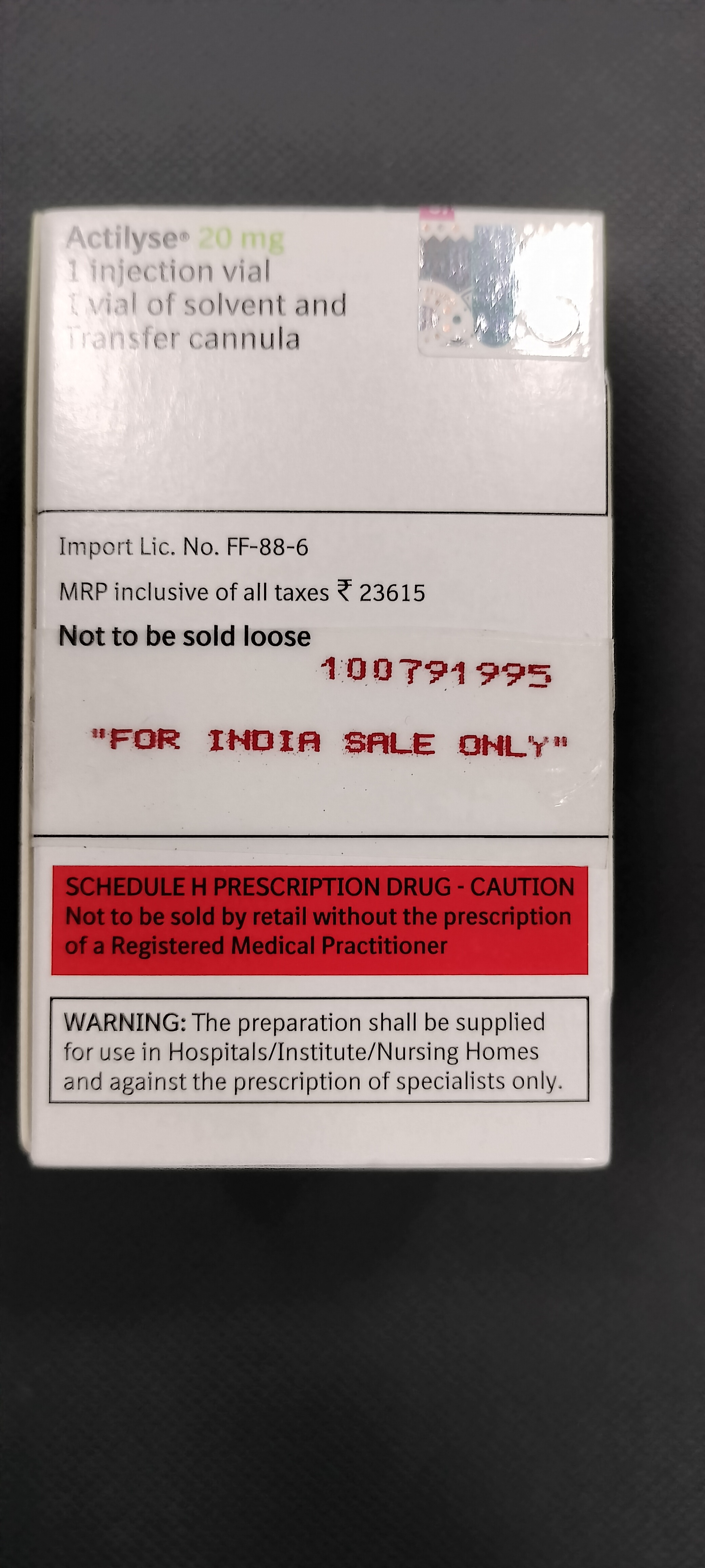 Actilyse 20mg Injection - Ingredients: Alteplase (20mg)