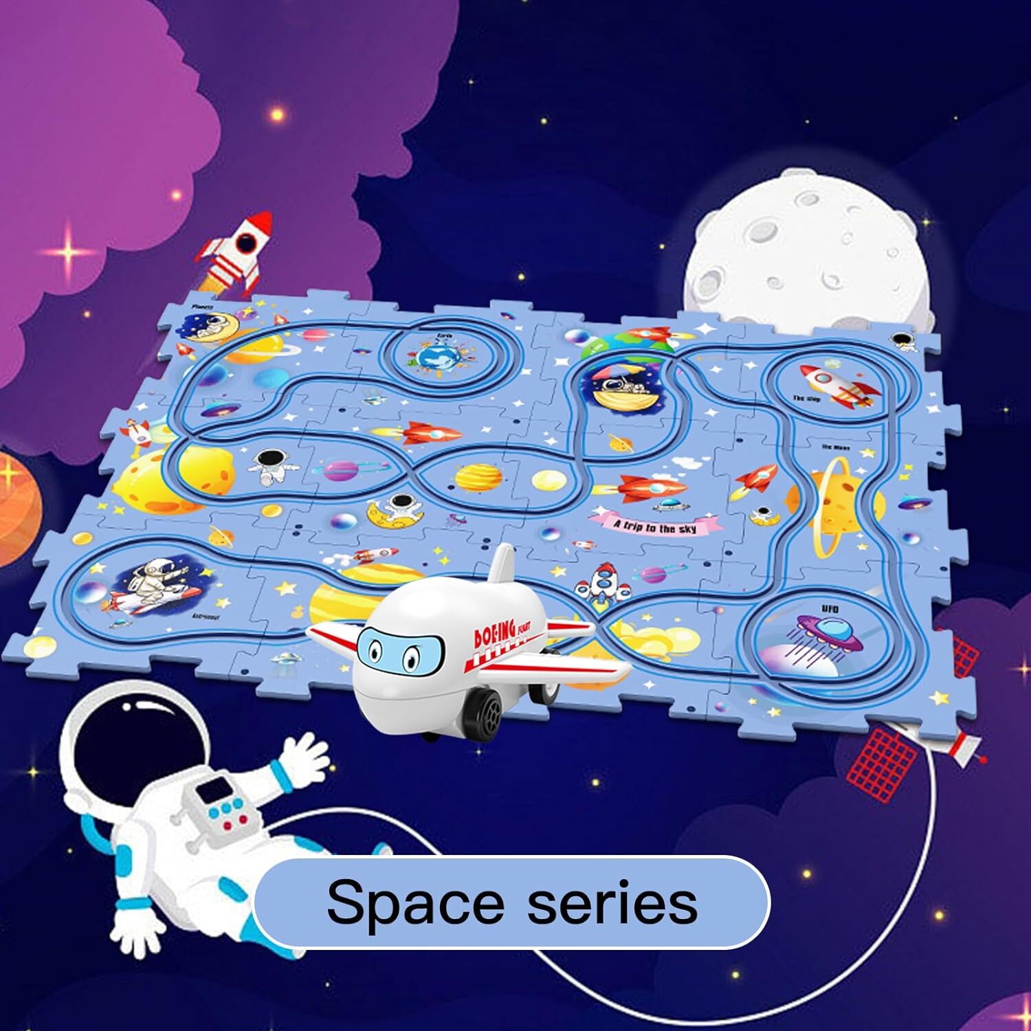 Rail Car Puzzle (Space Theme) - Child-safe Wood, 30x22x2 Cm, Multicolor | 12-piece Puzzle, Movable Rail Car, En71 Compliant