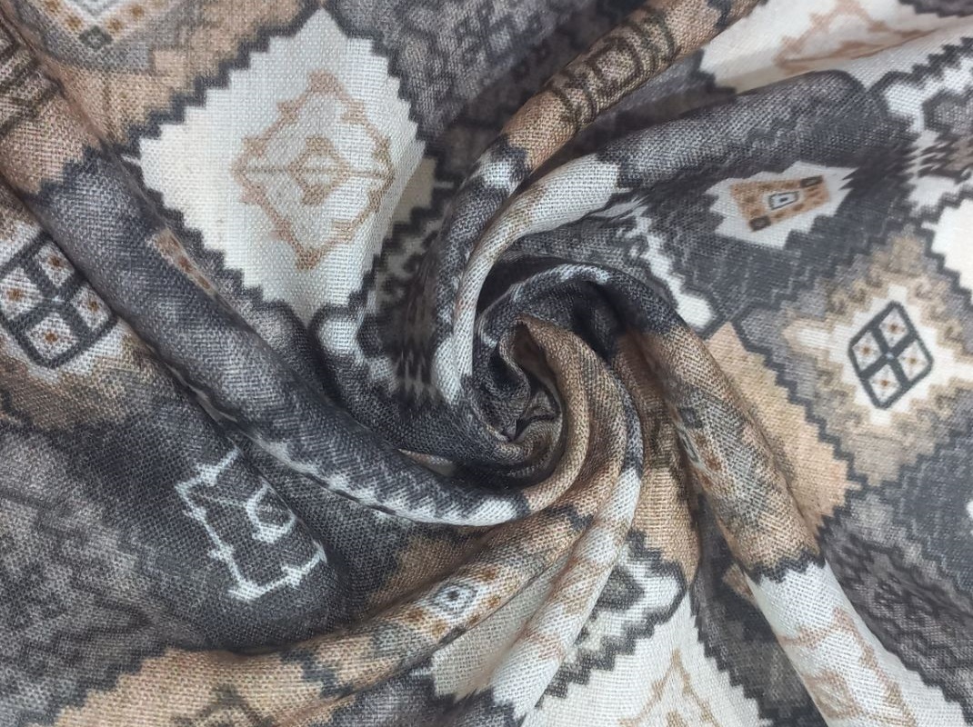 Digital Print Poly Linen Fabric - 44 Inch Width, Gray Multicolor Design | Lightweight, Breathable, Versatile For Summer Apparel Creation