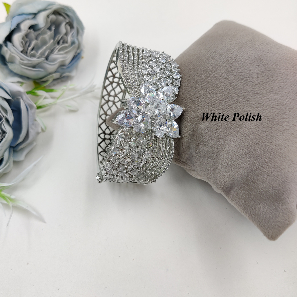 Bridal Designer American Diamond Bracelet - High-quality Brass, Openable Size, Stunning White Polish | Elegant For Weddings, Engagements, Anniversaries, Parties, Thoughtful Gifts