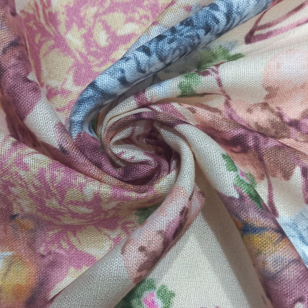 Poly Linen Fabric - 44 Inches Wide, Multicolor Floral Digital Print | Breathable Polyester-linen Blend, Versatile For Dresses, Jackets, And More