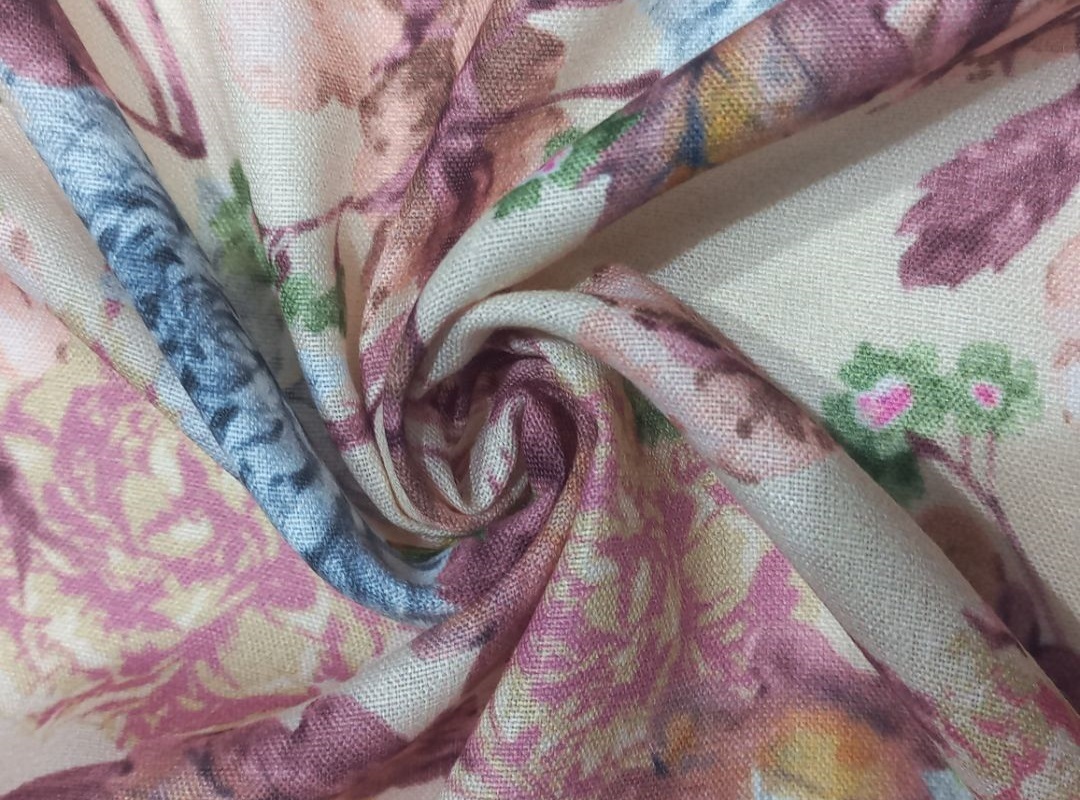 Poly Linen Fabric - 44 Inches Wide, Multicolor Floral Digital Print | Breathable Polyester-linen Blend, Versatile For Dresses, Jackets, And More
