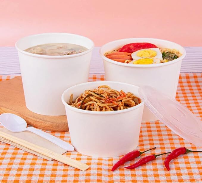 350ml White Paper Tub (W) Lid - 100% Natural Paper, Leak Proof, Eco Friendly , Sturdy Lids For Hot & Cold Food, Perfect For Events & Everyday Use