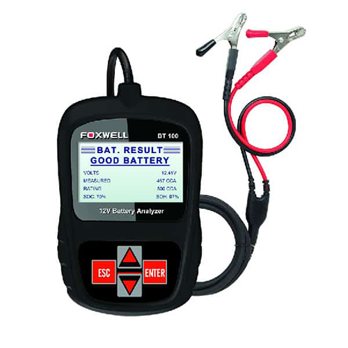 Foxwell BT100 12V Battery Tester - Plastic and Metal, 17x10x5 cm, Matte Black | Versatile Design for Different Battery Sizes, Easy-to-Read Display, 1-Year Warranty