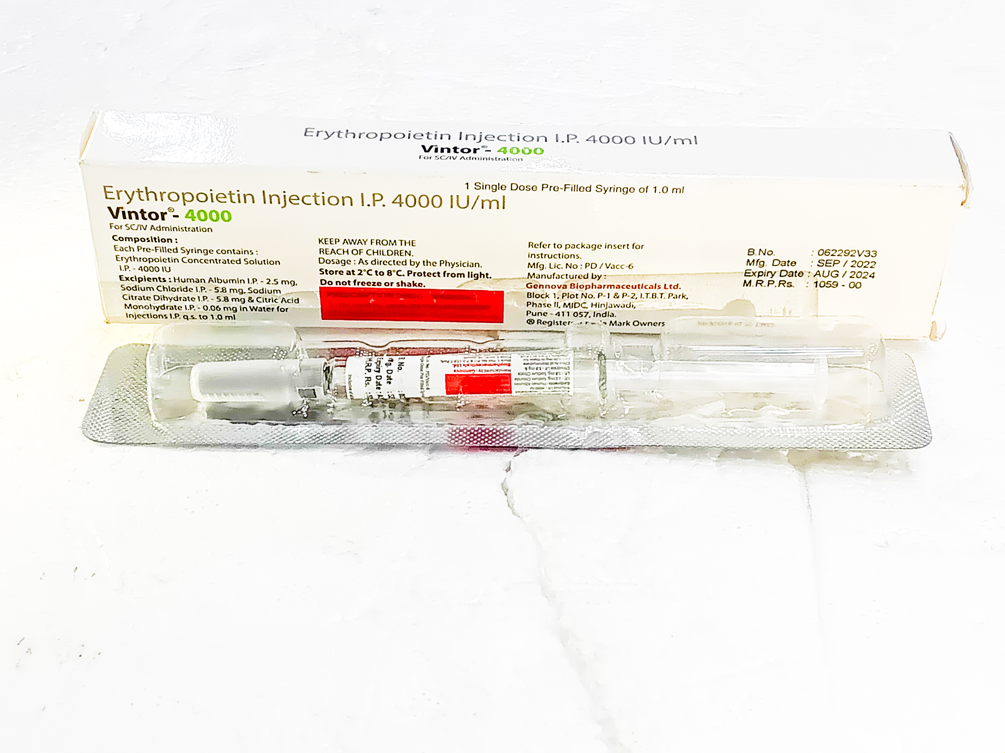 Vintor 4000iu - 4000iu Recombinant Human Erythropoietin Alfa Liquid Injection | Treats Anemia, Requires Refrigeration, Administered Subcutaneously Or Intravenously