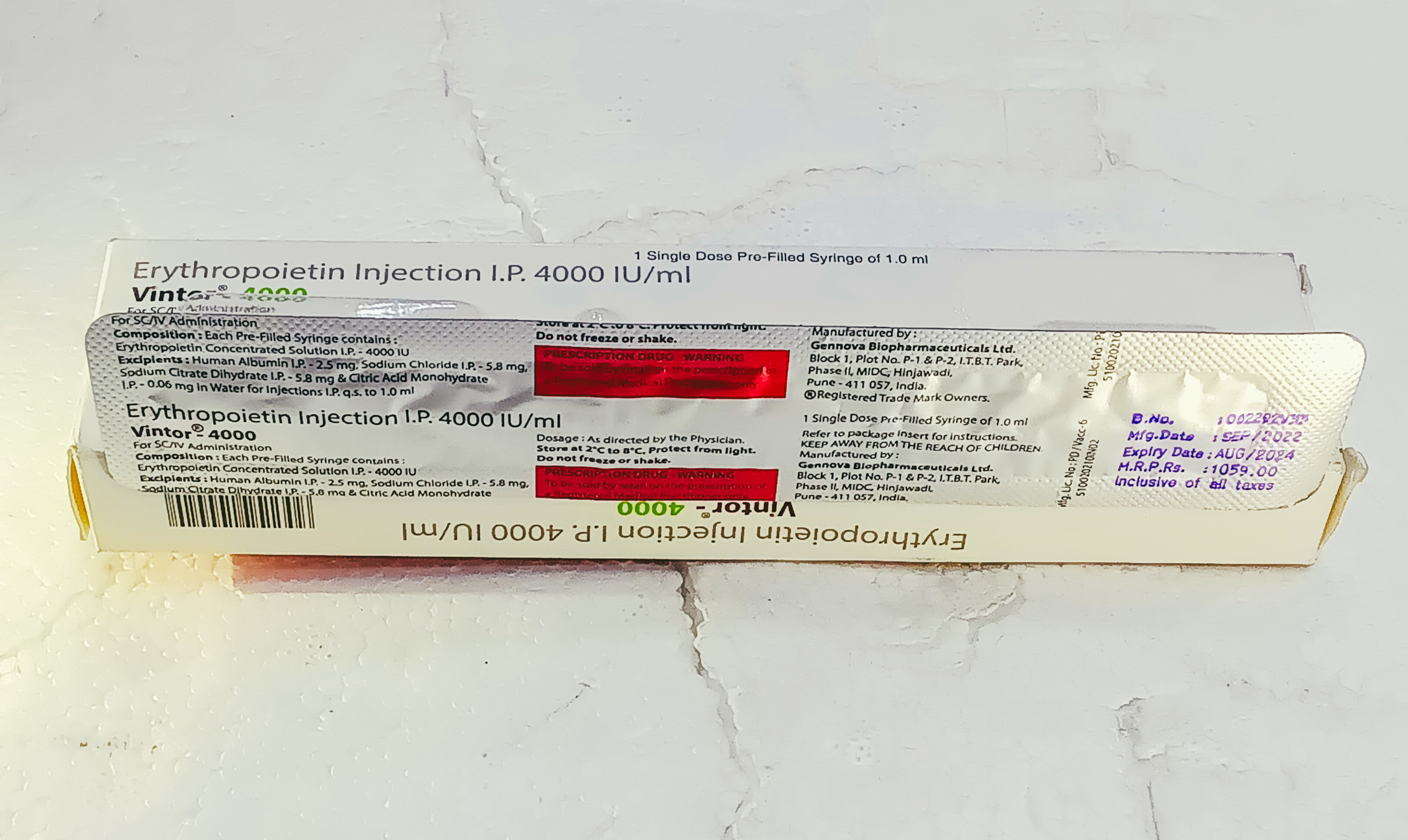 Vintor 4000iu - 4000iu Recombinant Human Erythropoietin Alfa Liquid Injection | Treats Anemia, Requires Refrigeration, Administered Subcutaneously Or Intravenously