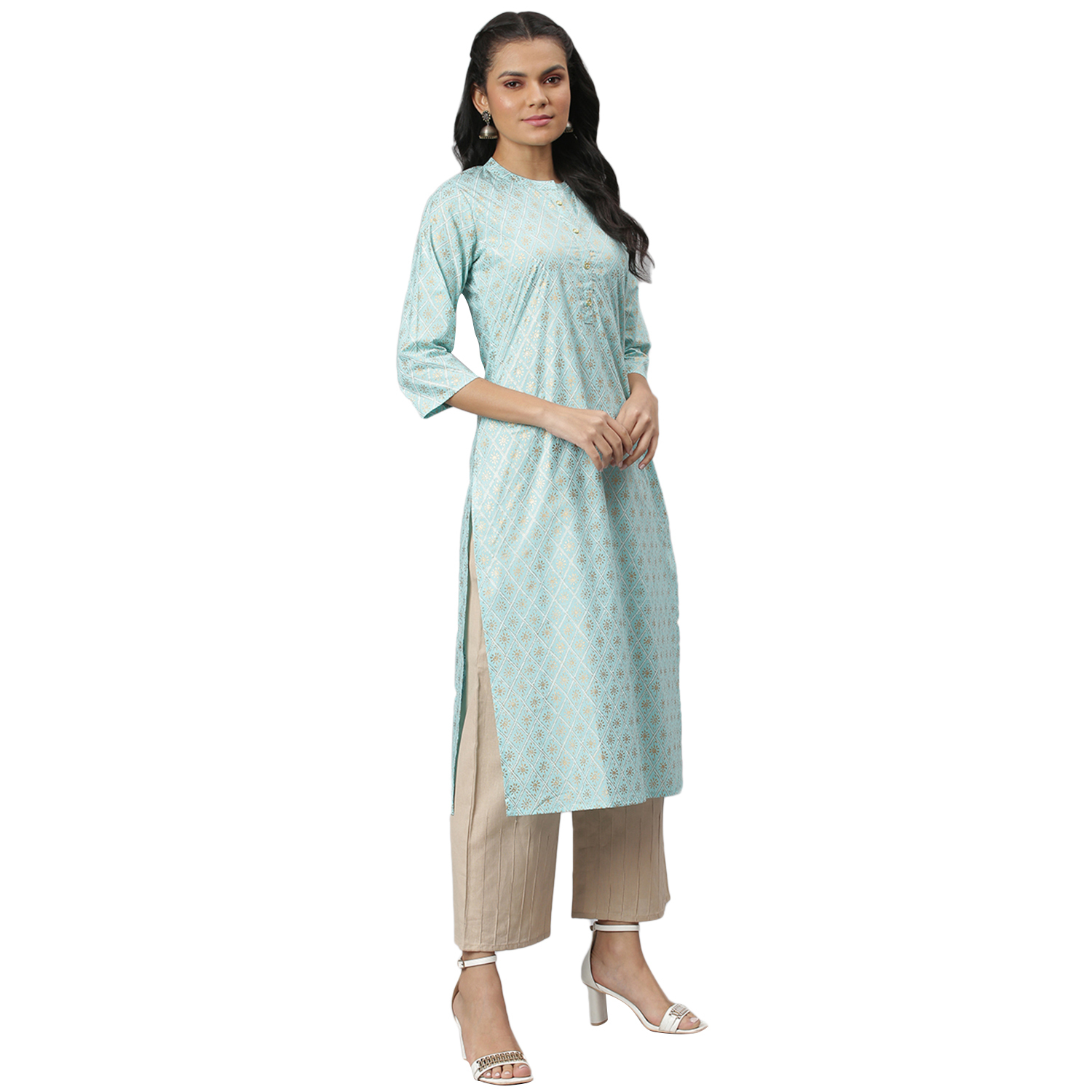 Women Kurtis - Cotton Fabric Size S To Xxl Sky Blue Color 3-4th Sleeves Embroidered Pattern Casual & Ethnic Wear Quick Dry & Washable