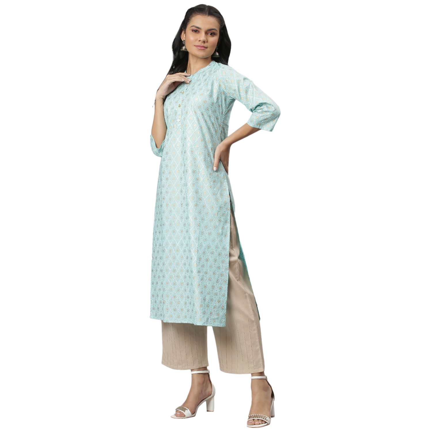 Women Kurtis - Cotton Fabric Size S To Xxl Sky Blue Color 3-4th Sleeves Embroidered Pattern Casual & Ethnic Wear Quick Dry & Washable