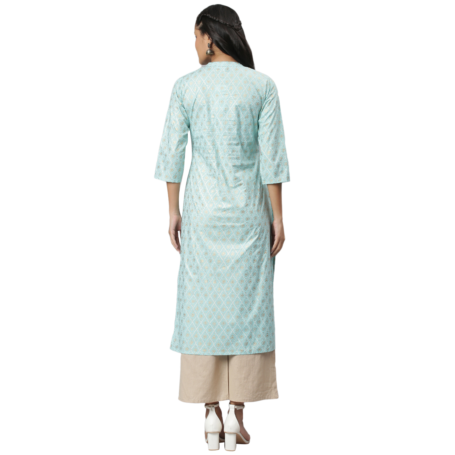 Women Kurtis - Cotton Fabric Size S To Xxl Sky Blue Color 3-4th Sleeves Embroidered Pattern Casual & Ethnic Wear Quick Dry & Washable