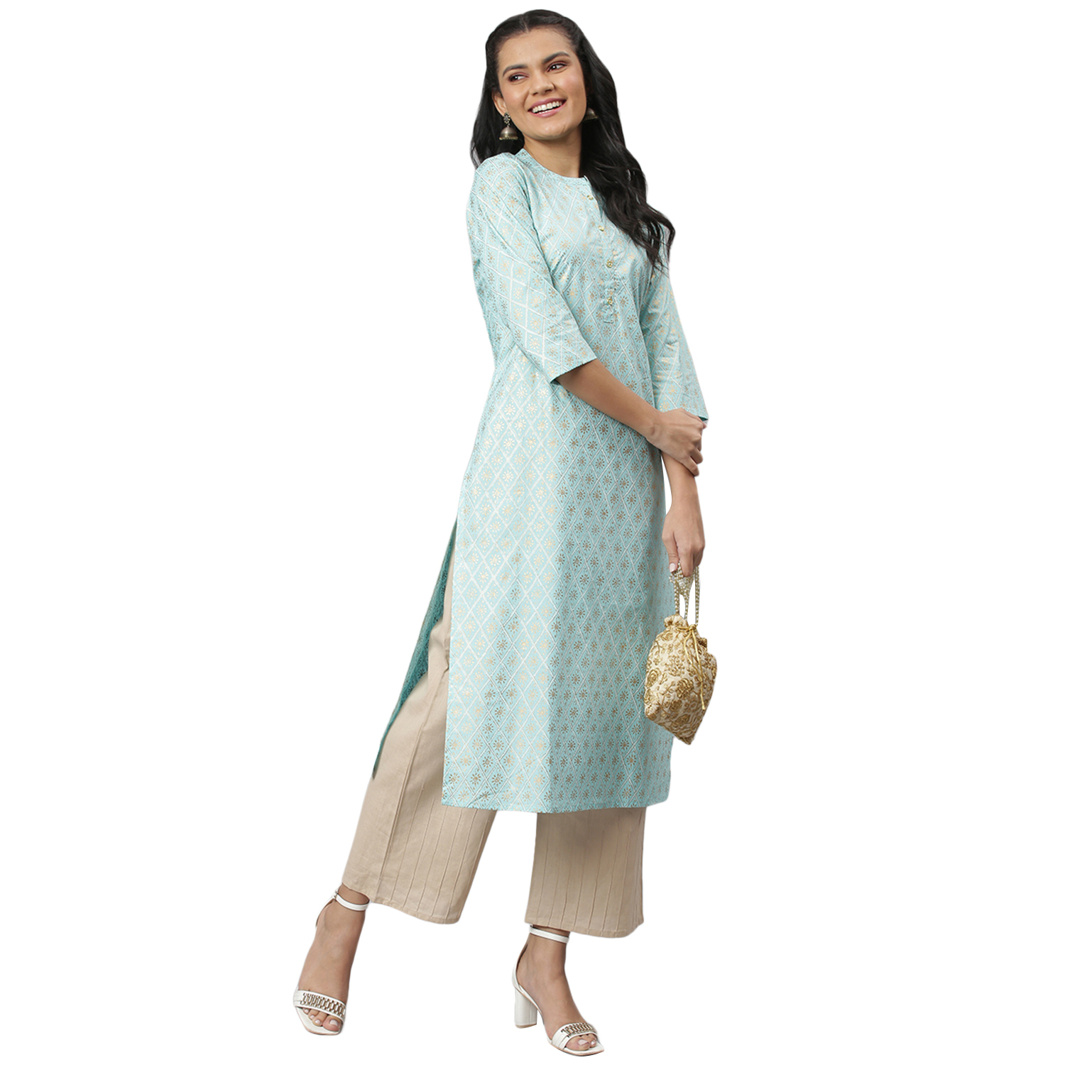 Women Kurtis - Cotton Fabric Size S To Xxl Sky Blue Color 3-4th Sleeves Embroidered Pattern Casual & Ethnic Wear Quick Dry & Washable