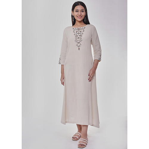 Beige Neck Embroidered Calf Length Dress Age Group: Adult