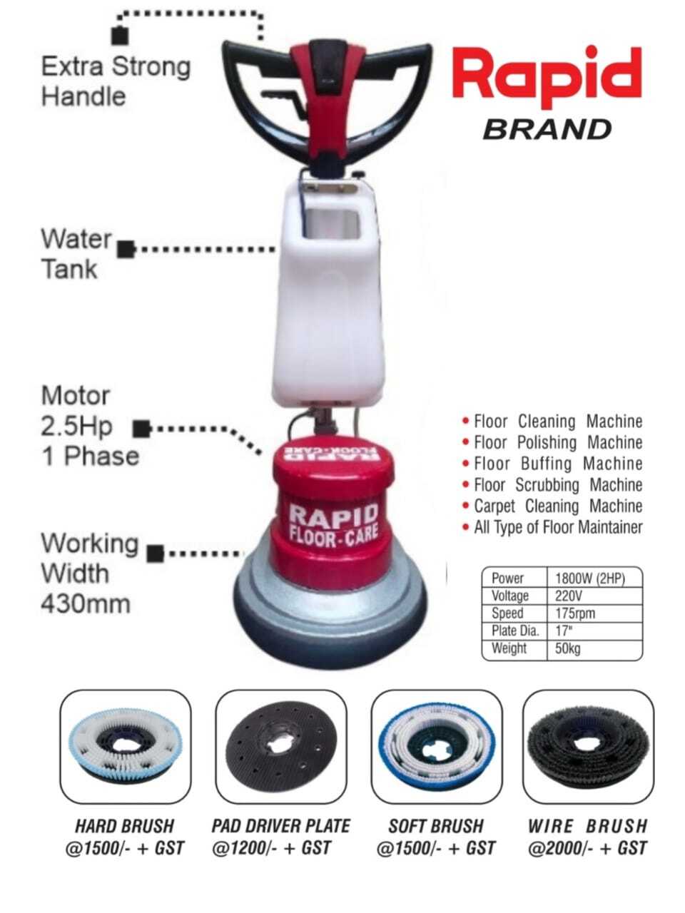 Single Disc Scrubber - 1500w Power, 175 Rpm Motor, 17" Scrubbing Width, 48 Kg Weight, 12l Tank Capacity, Electric Fuel Type, Red Color, 1230 Mm Height, 560 Mm Length, 465 Mm Width