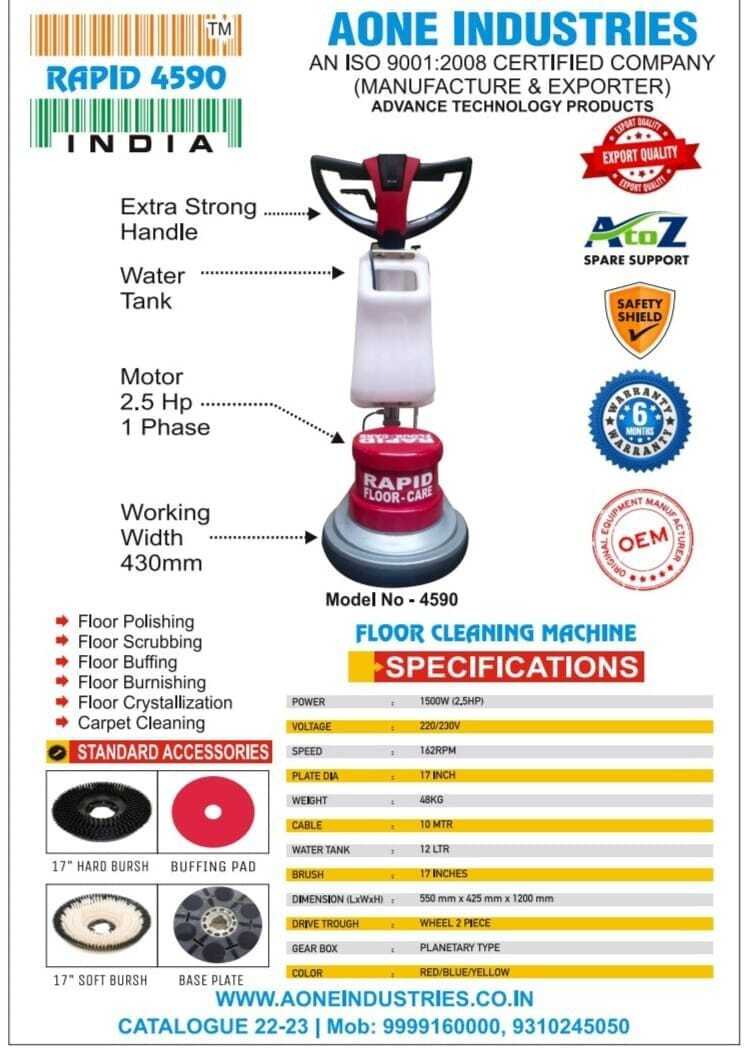Single Disc Scrubber - 1500w Power, 175 Rpm Motor, 17" Scrubbing Width, 48 Kg Weight, 12l Tank Capacity, Electric Fuel Type, Red Color, 1230 Mm Height, 560 Mm Length, 465 Mm Width
