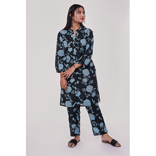Navy And Sky Blue Floral Kurta Co-ord Set - High-quality Washable Fabric, Casual Wear For All Seasons, Vibrant Printed Design