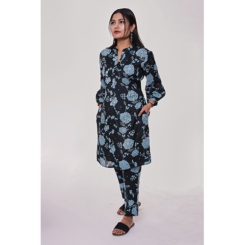 Navy And Sky Blue Floral Kurta Co-ord Set - High-quality Washable Fabric, Casual Wear For All Seasons, Vibrant Printed Design