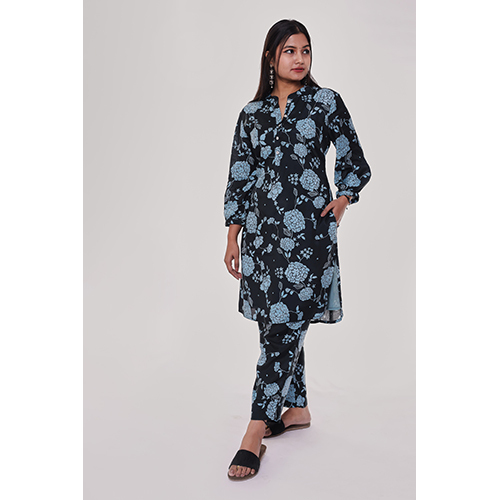 Navy And Sky Blue Floral Kurta Co-ord Set - High-quality Washable Fabric, Casual Wear For All Seasons, Vibrant Printed Design