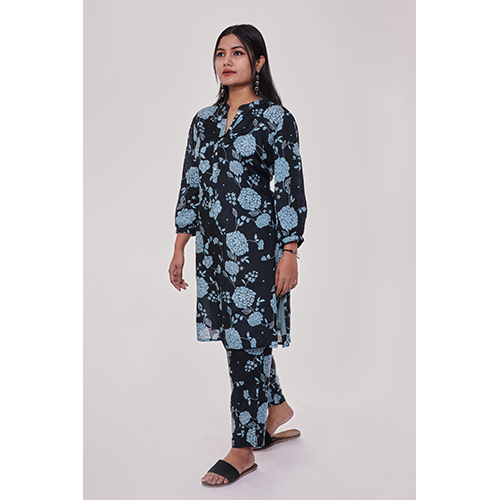 Navy And Sky Blue Floral Kurta Co-ord Set - High-quality Washable Fabric, Casual Wear For All Seasons, Vibrant Printed Design