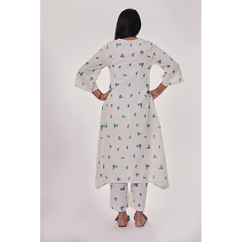 Off White Floral Printed Kurta Co-ord Set - 3-4th Sleeve For Ladies, Washable Fabric, Suitable For All Seasons