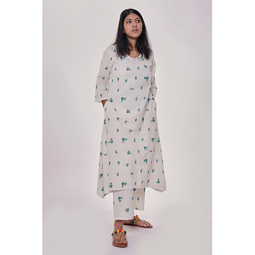 Off White Floral Printed Kurta Co-ord Set - 3-4th Sleeve For Ladies, Washable Fabric, Suitable For All Seasons