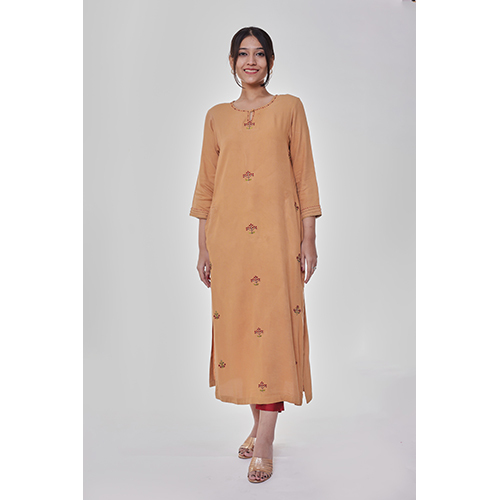 Washable Embroidered Orange Straight Kurta With Pocket