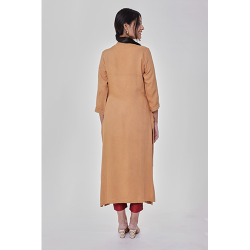 Washable Embroidered Orange Straight Kurta With Pocket