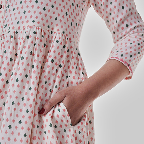 Washable Front Open Gathered Pocket Midi Dress