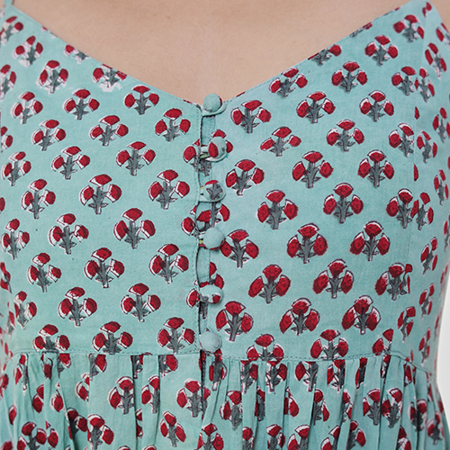 Washable Mint Allover Printed Spaghetti Dress