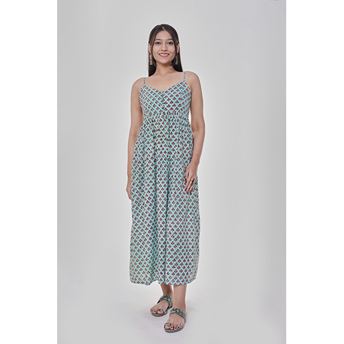 Washable Mint Allover Printed Spaghetti Dress