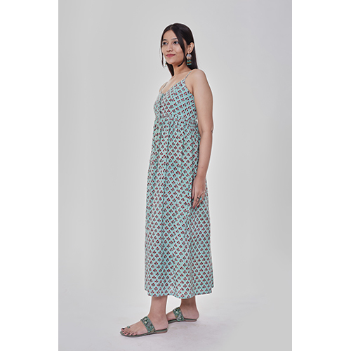 Washable Mint Allover Printed Spaghetti Dress