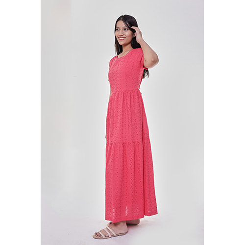 Plain Corel Pink Tiered Maxi Dress