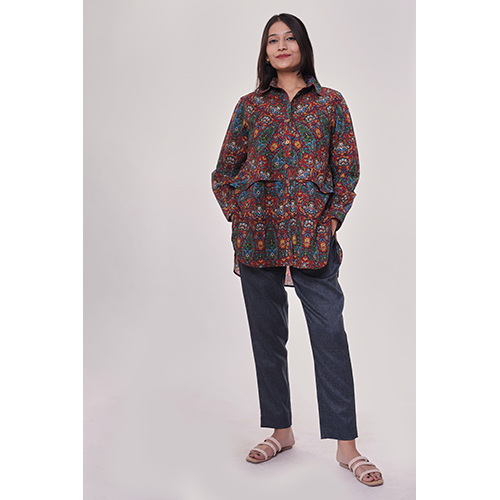 Double Layered Multi Printed Shirt - Full Sleeves, Multicolor Fabric | Elegant Bead Closure, Washable Design, Year-round Versatility