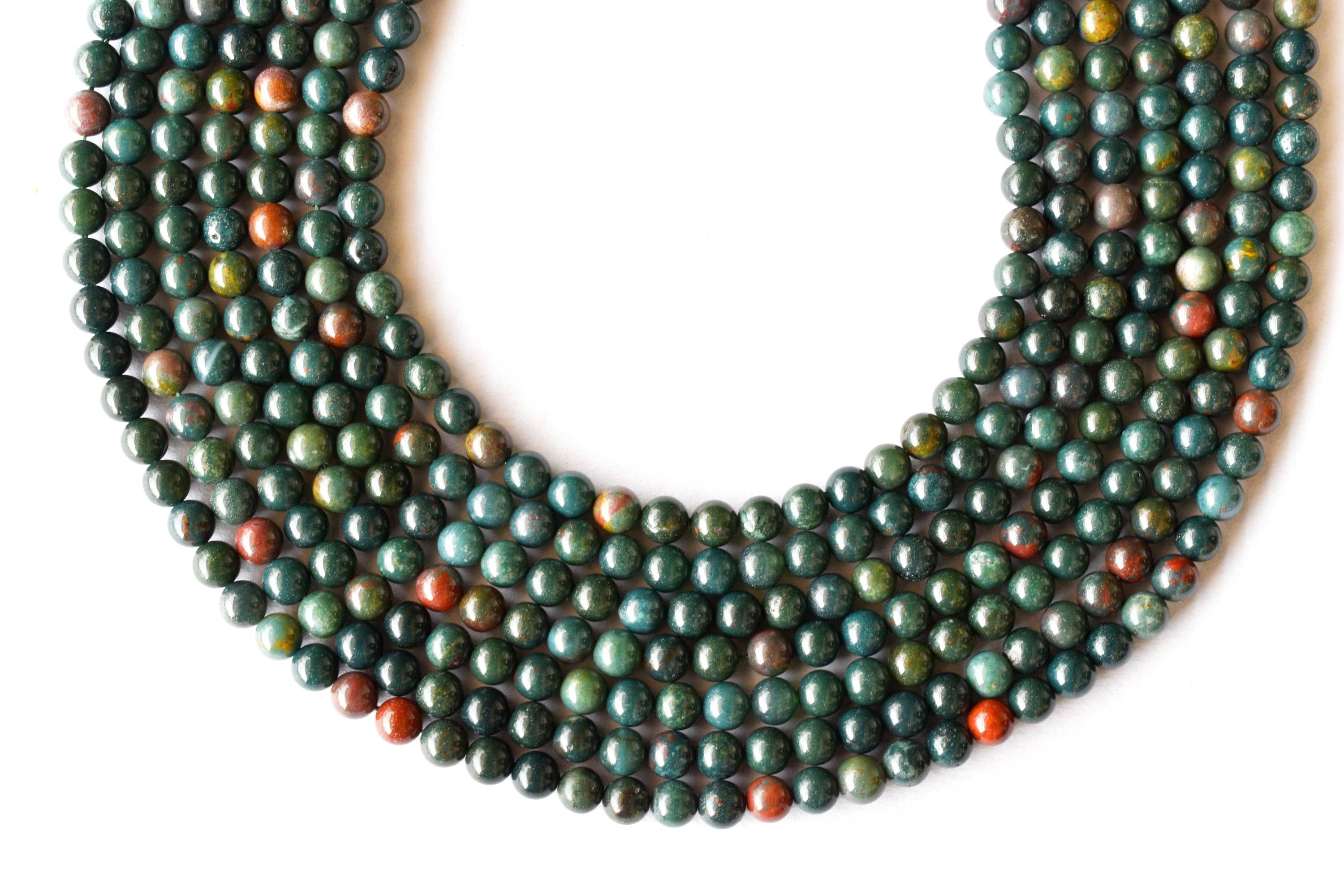 8mm Bloodstone Beads Polished Round Stone Beads For Jewelry - 14.5 Inch Strand Length Unique Green Color With Natural Specks