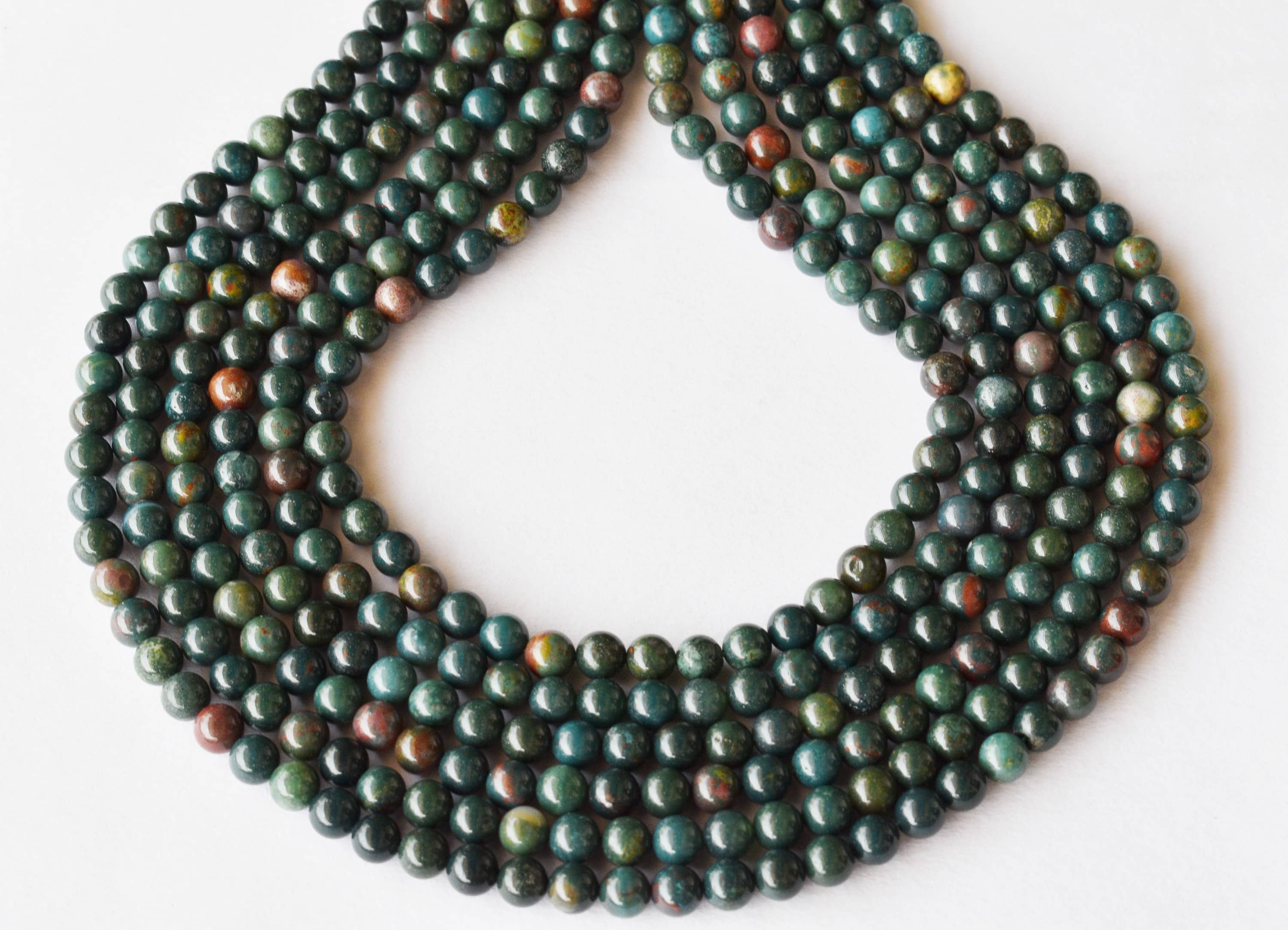 8mm Bloodstone Beads Polished Round Stone Beads For Jewelry - 14.5 Inch Strand Length Unique Green Color With Natural Specks