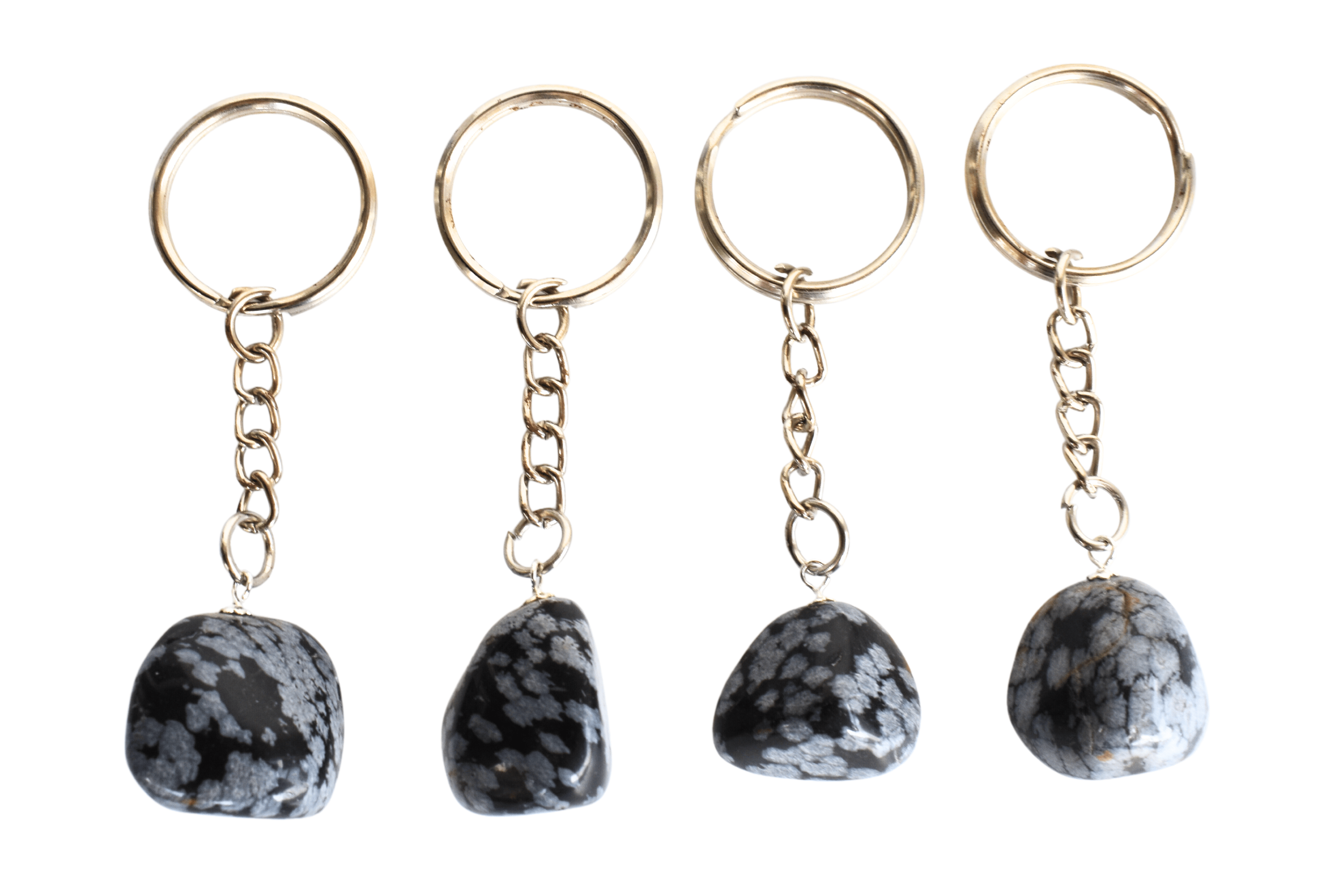 Snowflake Obsidian Key Chain - 5.5cm Tumble Rough Orgone Heart Gemstone | Black And White Crystal, Indian Religious Theme