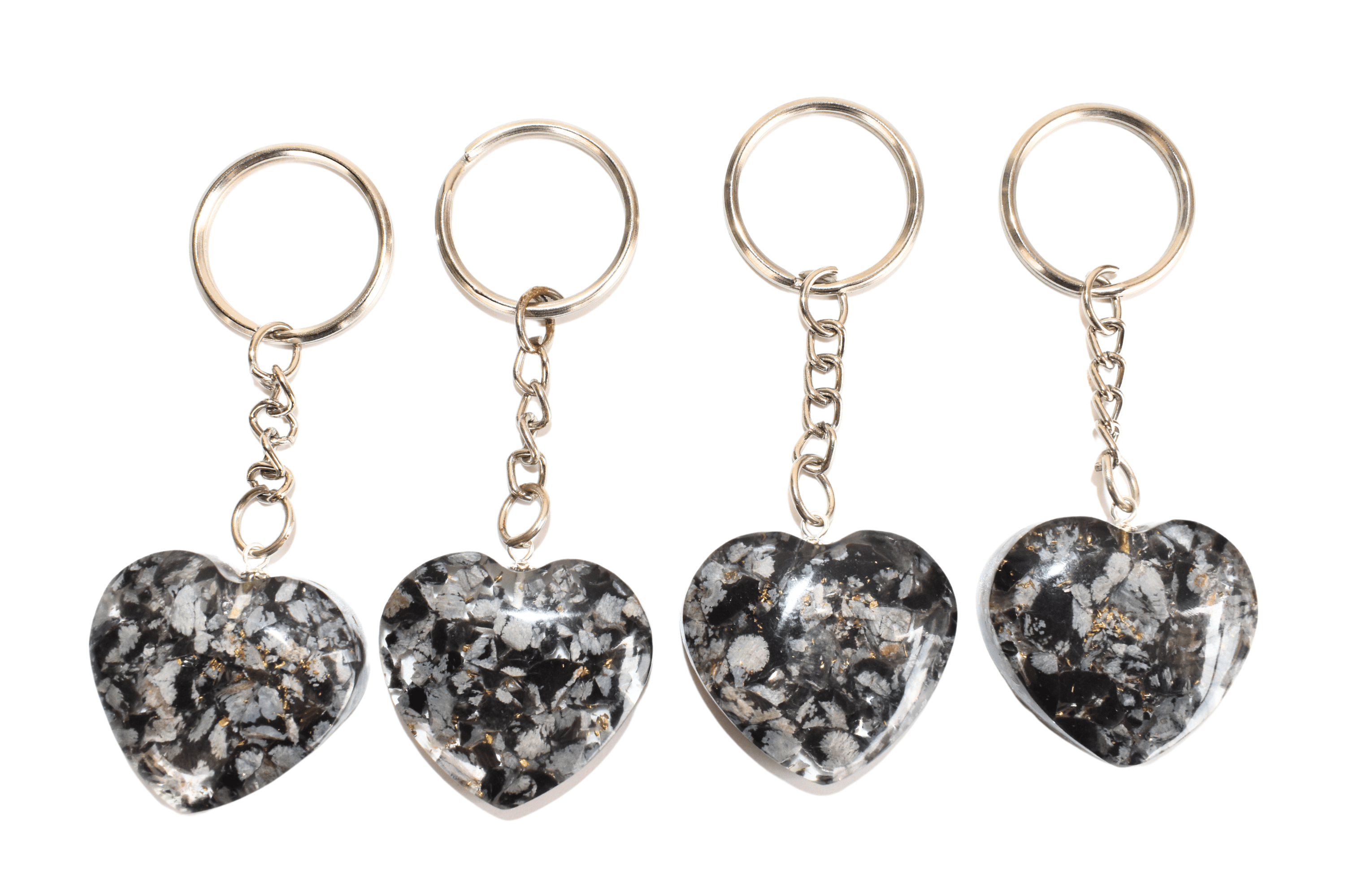 Snowflake Obsidian Key Chain - 5.5cm Tumble Rough Orgone Heart Gemstone | Black And White Crystal, Indian Religious Theme