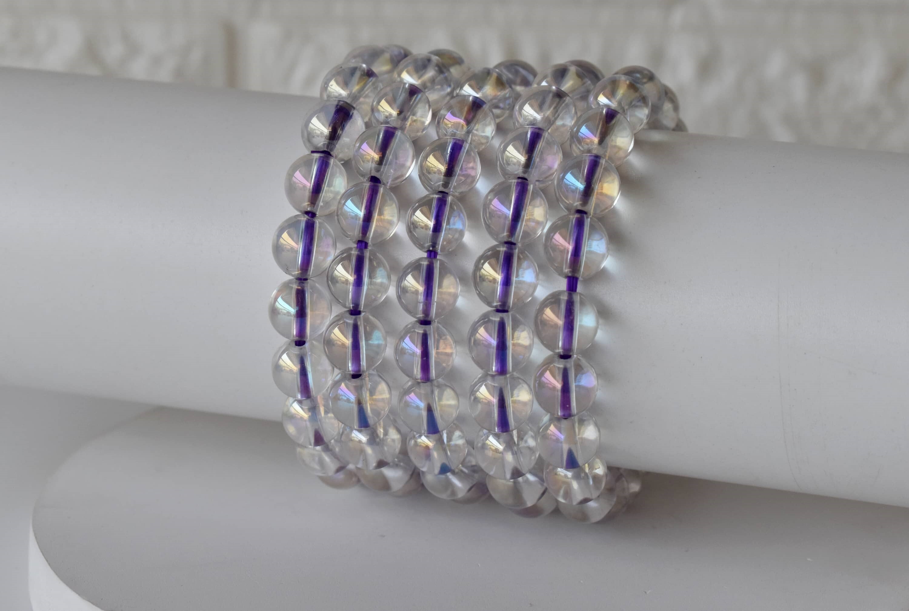 Aura Quartz Rainbow Moonstone Faceted Bracelet Crystal Beaded Bracelet - Shape: Round