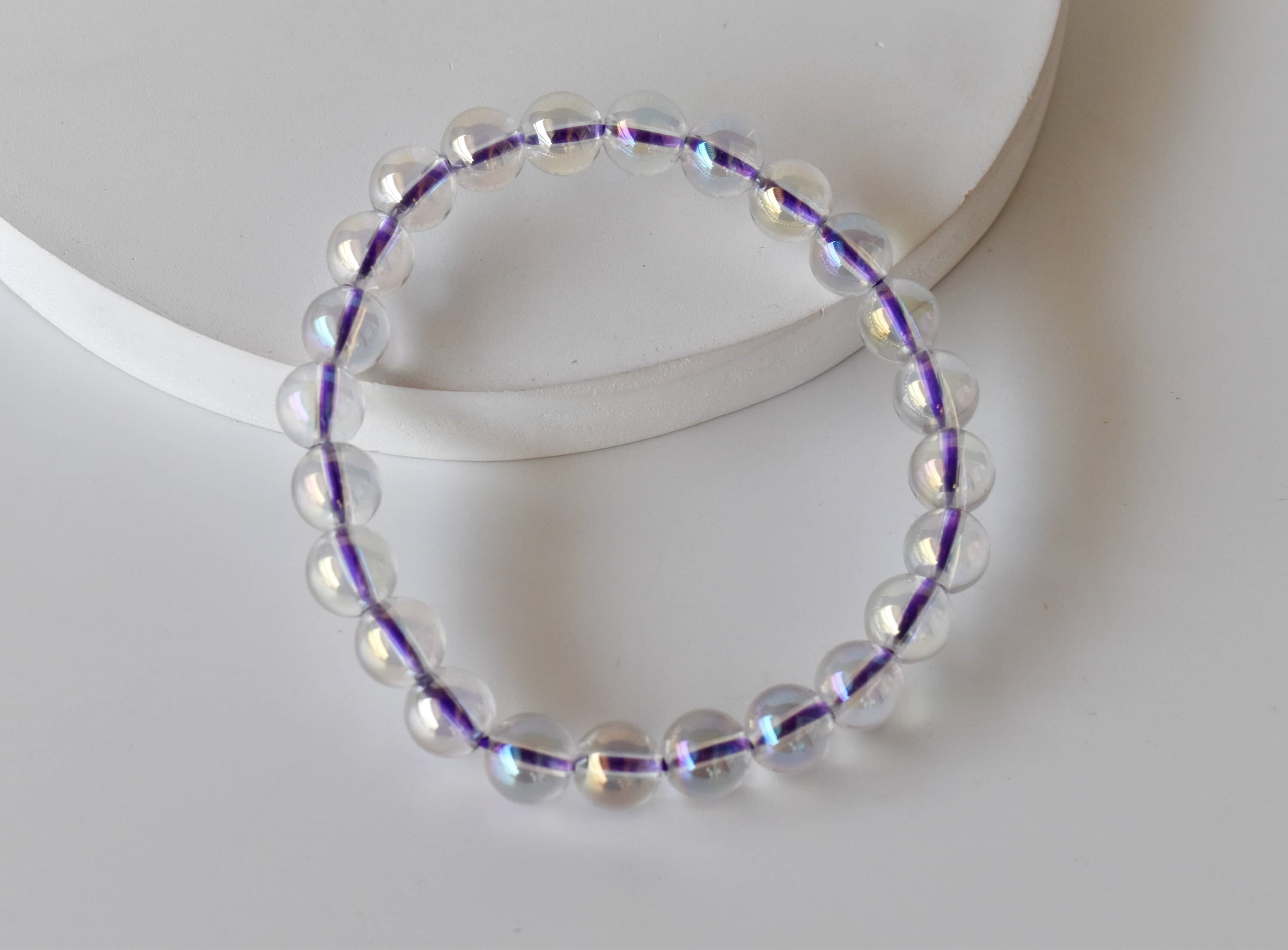 Aura Quartz Rainbow Moonstone Faceted Bracelet Crystal Beaded Bracelet - Shape: Round