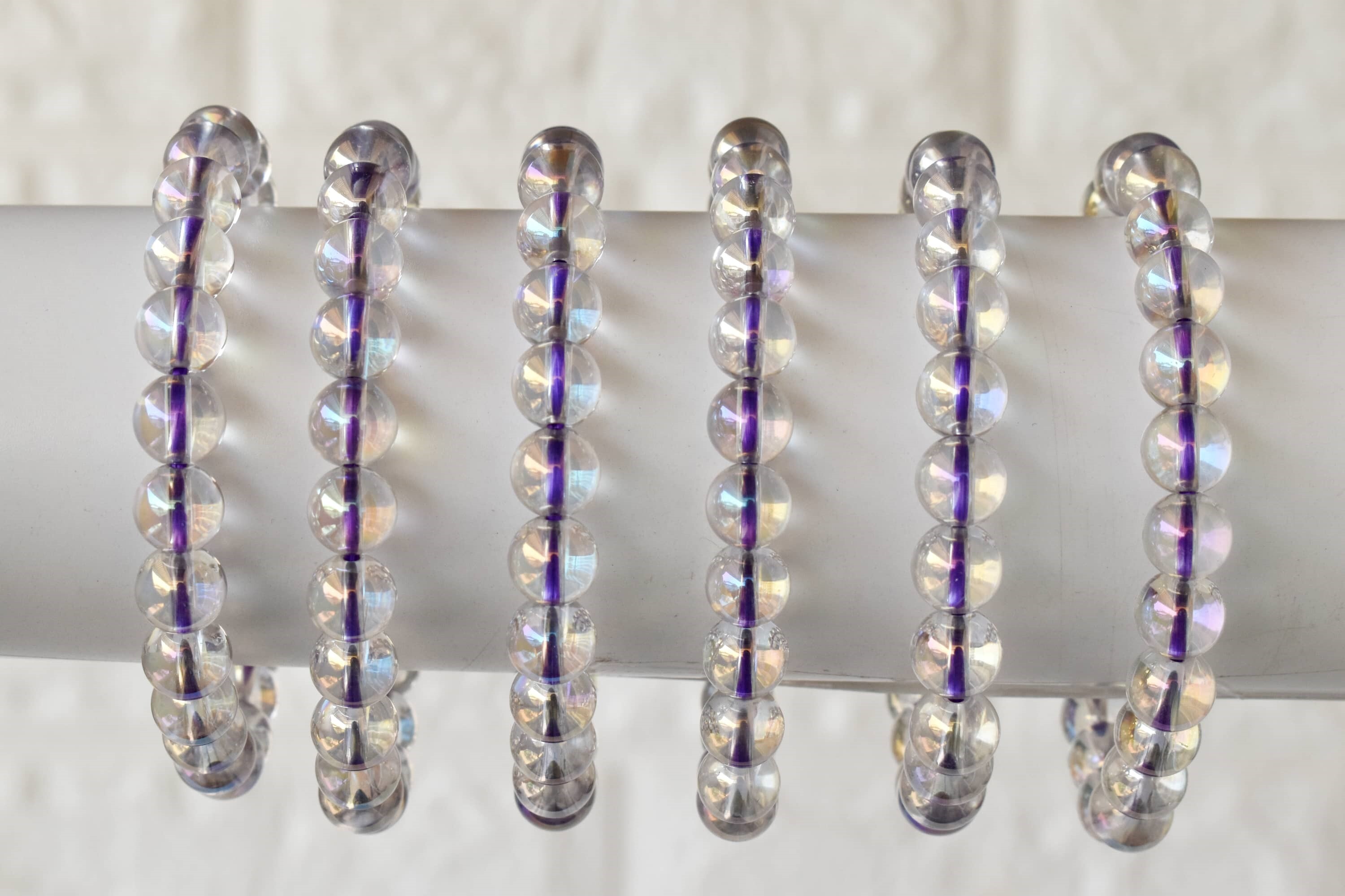 Aura Quartz Rainbow Moonstone Faceted Bracelet Crystal Beaded Bracelet - Shape: Round