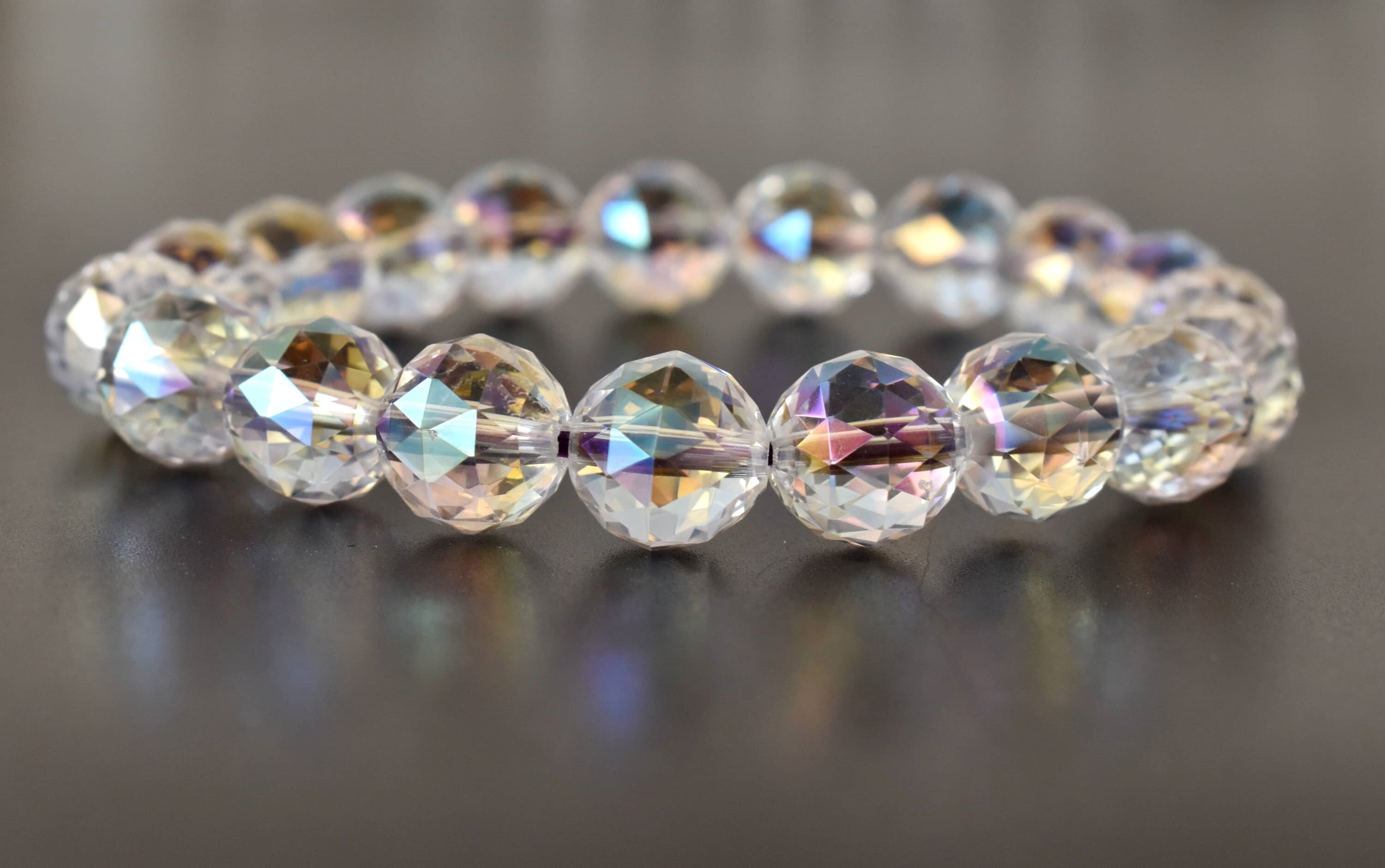 Aura Quartz Rainbow Moonstone Faceted Bracelet Crystal Beaded Bracelet - Shape: Round