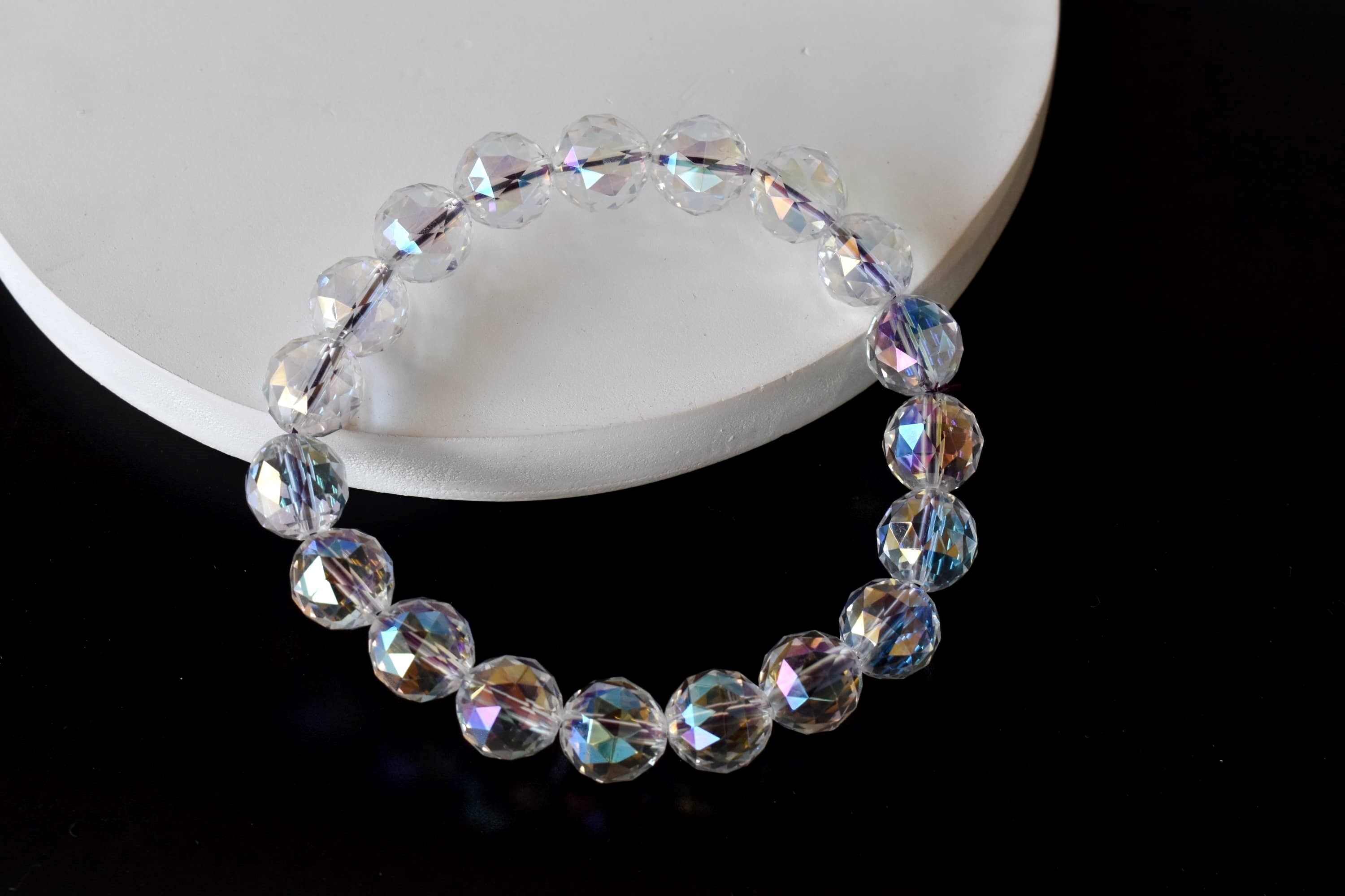 Aura Quartz Rainbow Moonstone Faceted Bracelet Crystal Beaded Bracelet - Shape: Round