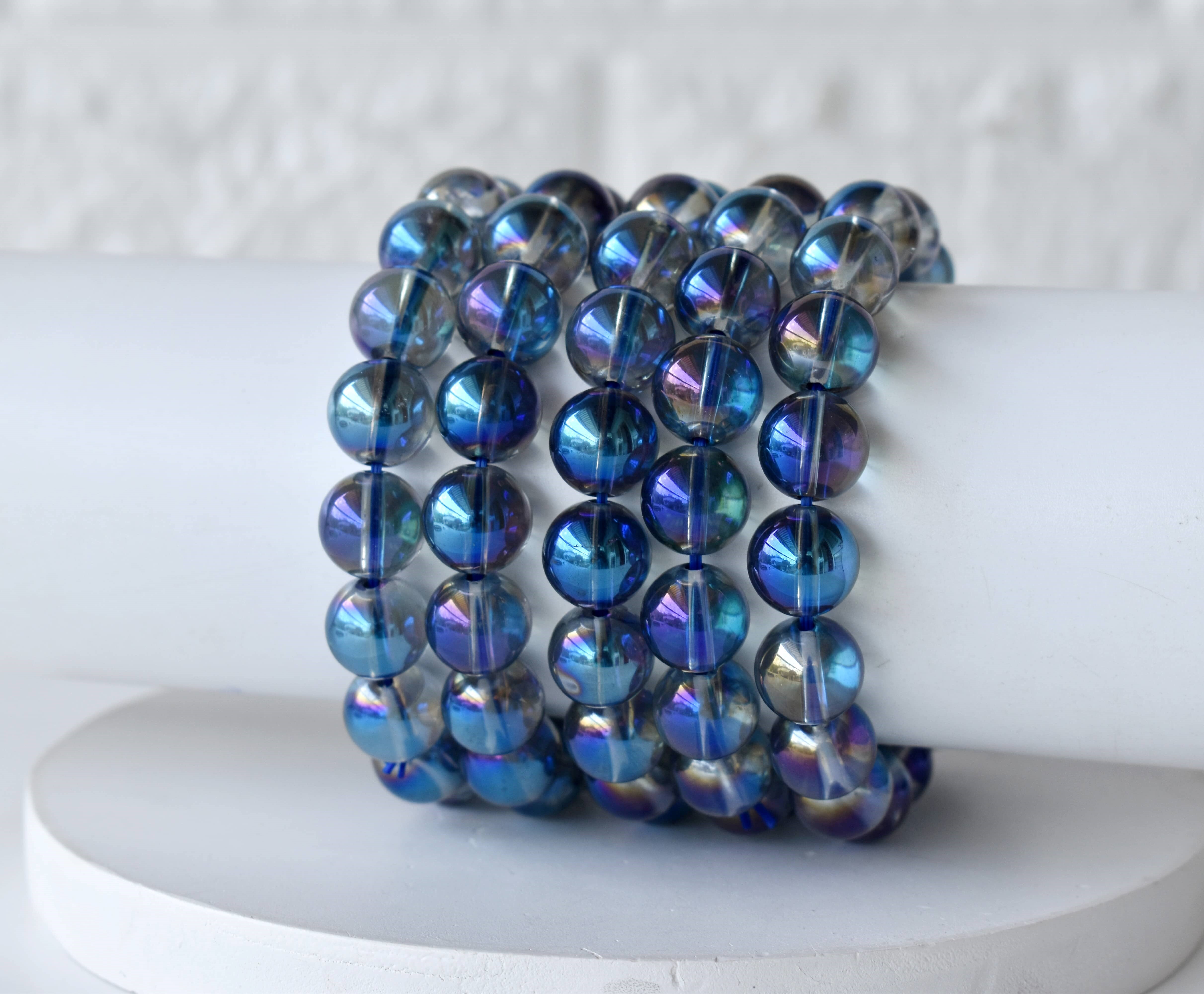 Titanium Aura Quartz Bracelet - 8mm Beaded Stretch Bracelet, Genuine Blue Gemstones, Handmade, Perfect Gift For Men And Women