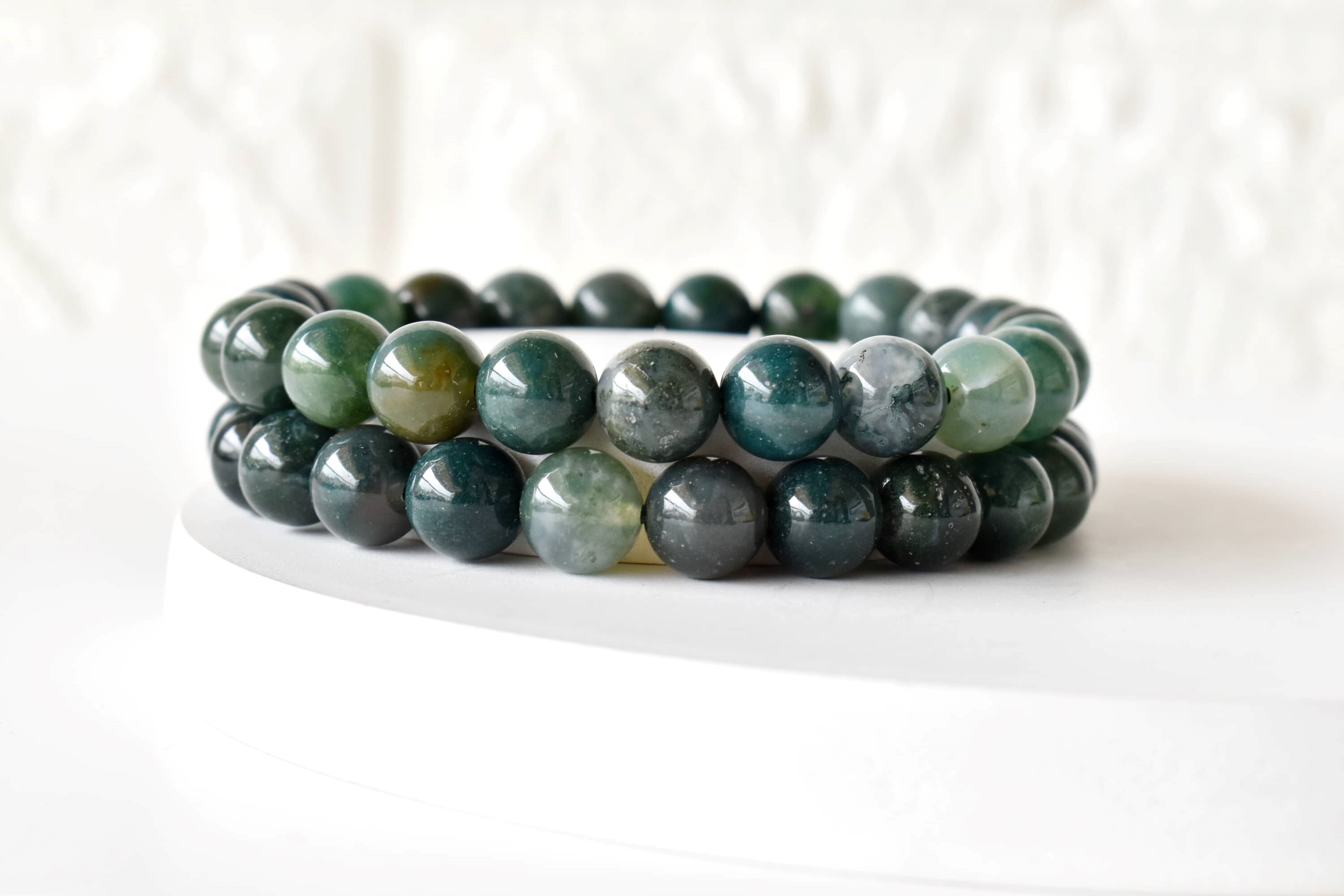Moss Agate Crystal Bracelet - 7-7.5 Inches Round Beads Of Natural Green Gemstones | Elegant Beaded Jewelry For Every Occasion