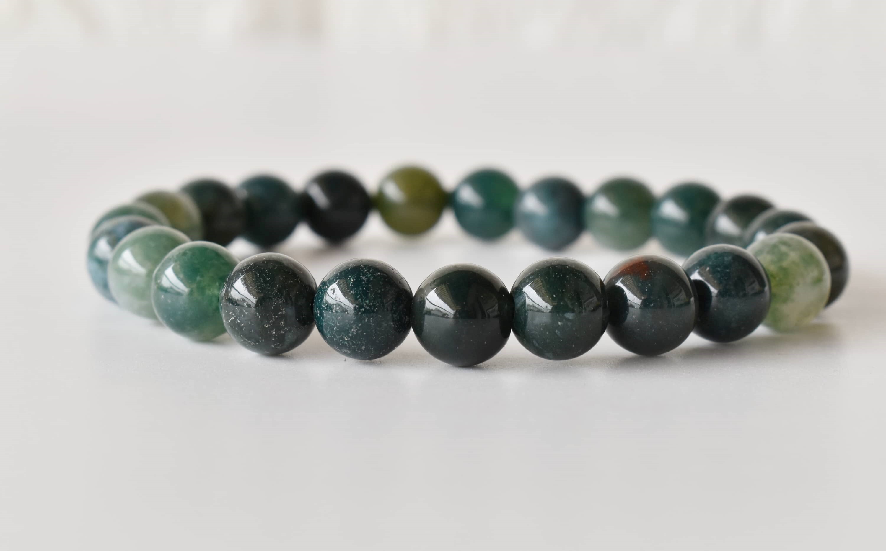 Moss Agate Crystal Bracelet - 7-7.5 Inches Round Beads Of Natural Green Gemstones | Elegant Beaded Jewelry For Every Occasion
