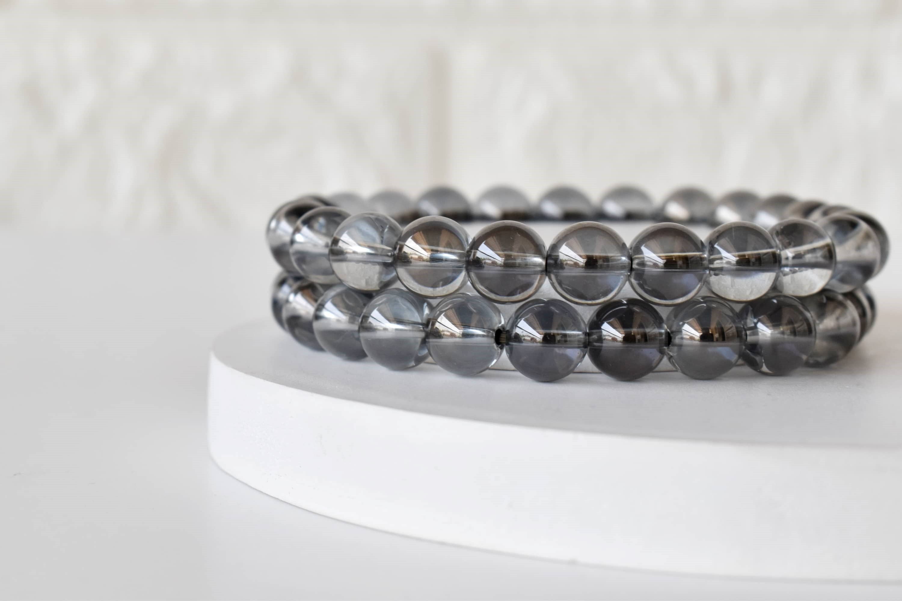 Aura Quartz & Smokey Quartz Beaded Bracelet - 8mm Bead Size, 7-7.5 Inches Length | Natural Gemstones, Round Shape, Transparent Color, 22 Grams Weight