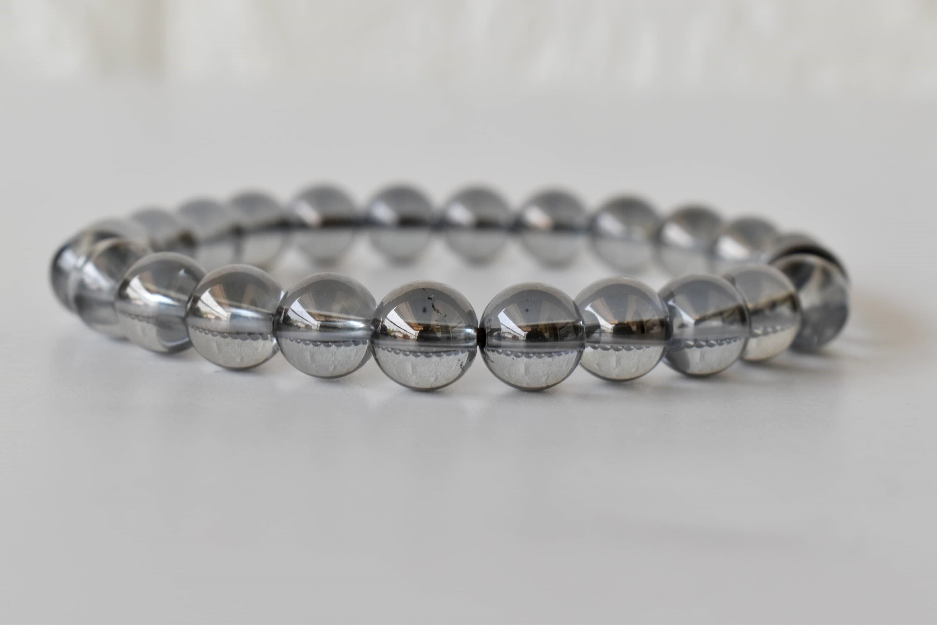 Aura Quartz & Smokey Quartz Beaded Bracelet - 8mm Bead Size, 7-7.5 Inches Length | Natural Gemstones, Round Shape, Transparent Color, 22 Grams Weight