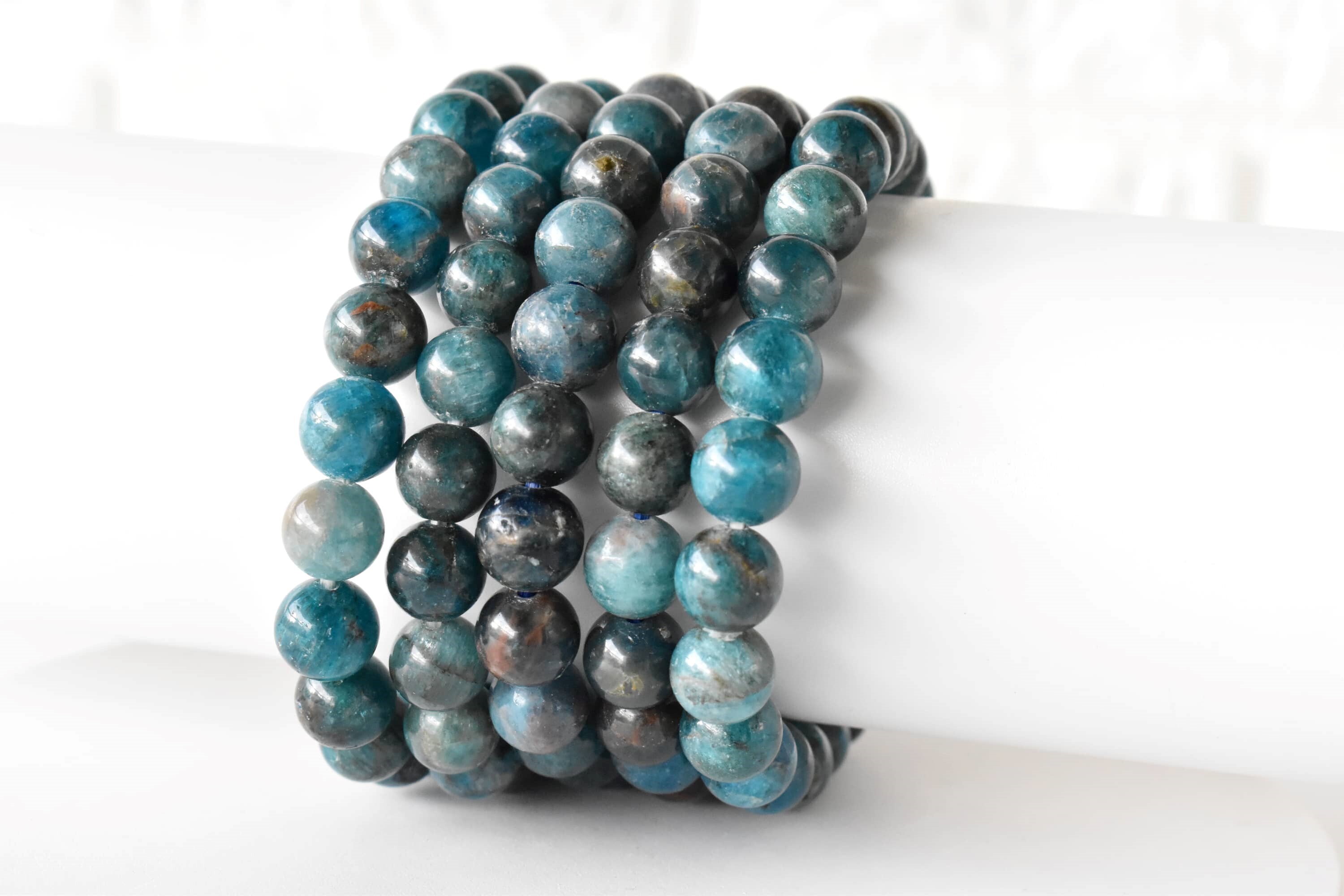 Apatite Bracelet Crystal Beaded Bracelet - Natural Gemstones, 7-7.5 Inches, Bead Sizes: 4mm - 10mm, Round Blue Beads, Lightweight 22 Grams
