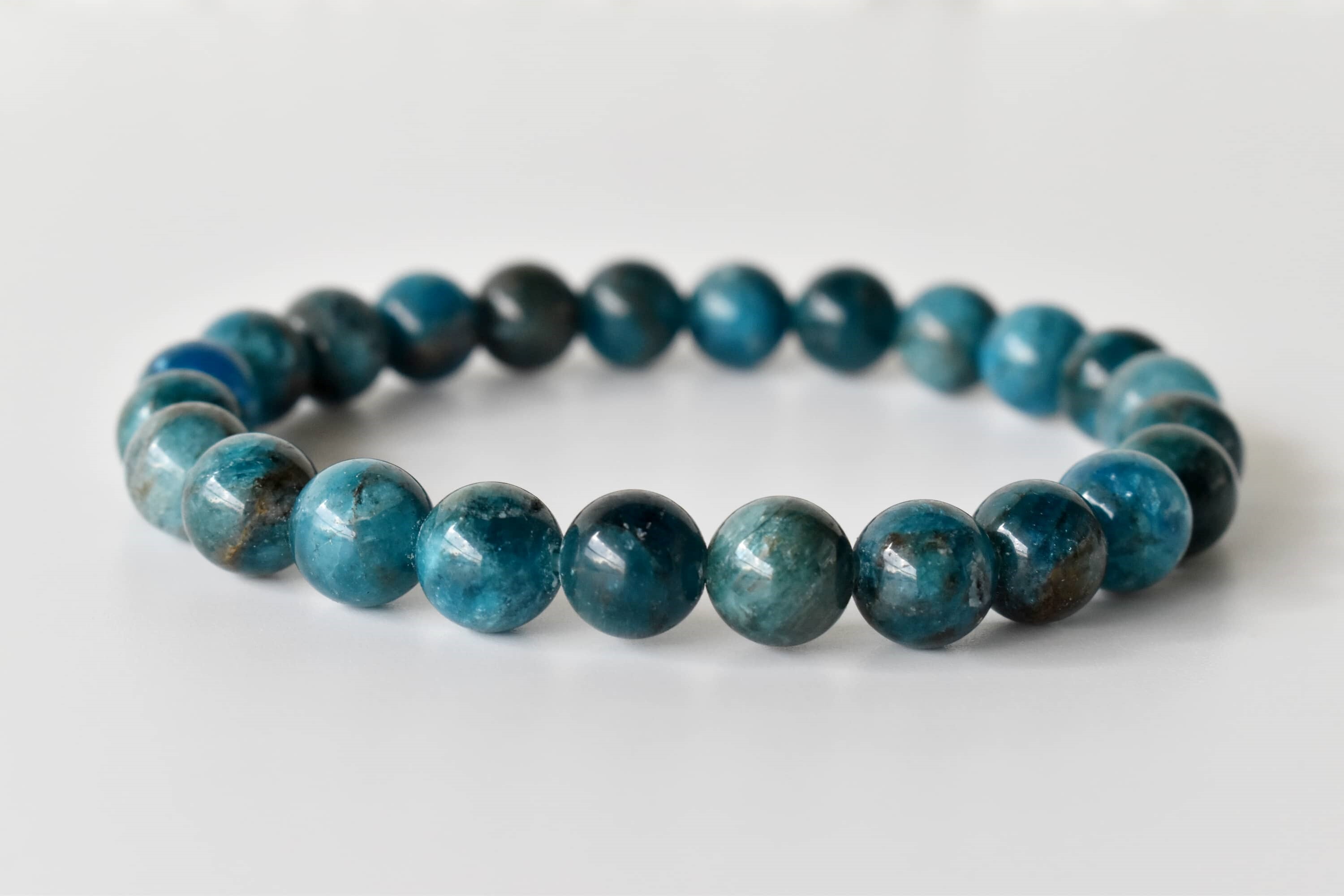 Apatite Bracelet Crystal Beaded Bracelet - Natural Gemstones, 7-7.5 Inches, Bead Sizes: 4mm - 10mm, Round Blue Beads, Lightweight 22 Grams