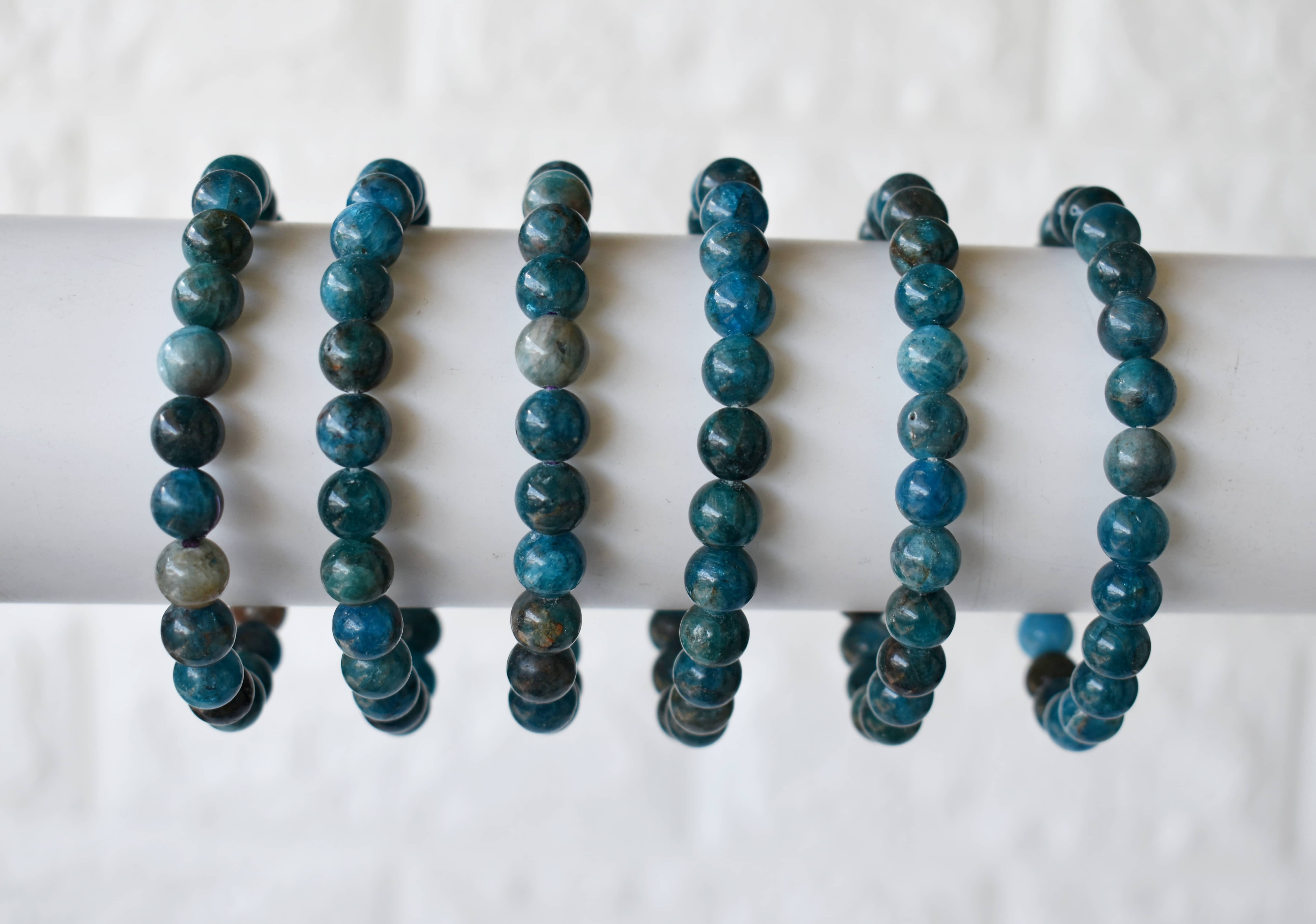 Apatite Bracelet Crystal Beaded Bracelet - Natural Gemstones, 7-7.5 Inches, Bead Sizes: 4mm - 10mm, Round Blue Beads, Lightweight 22 Grams