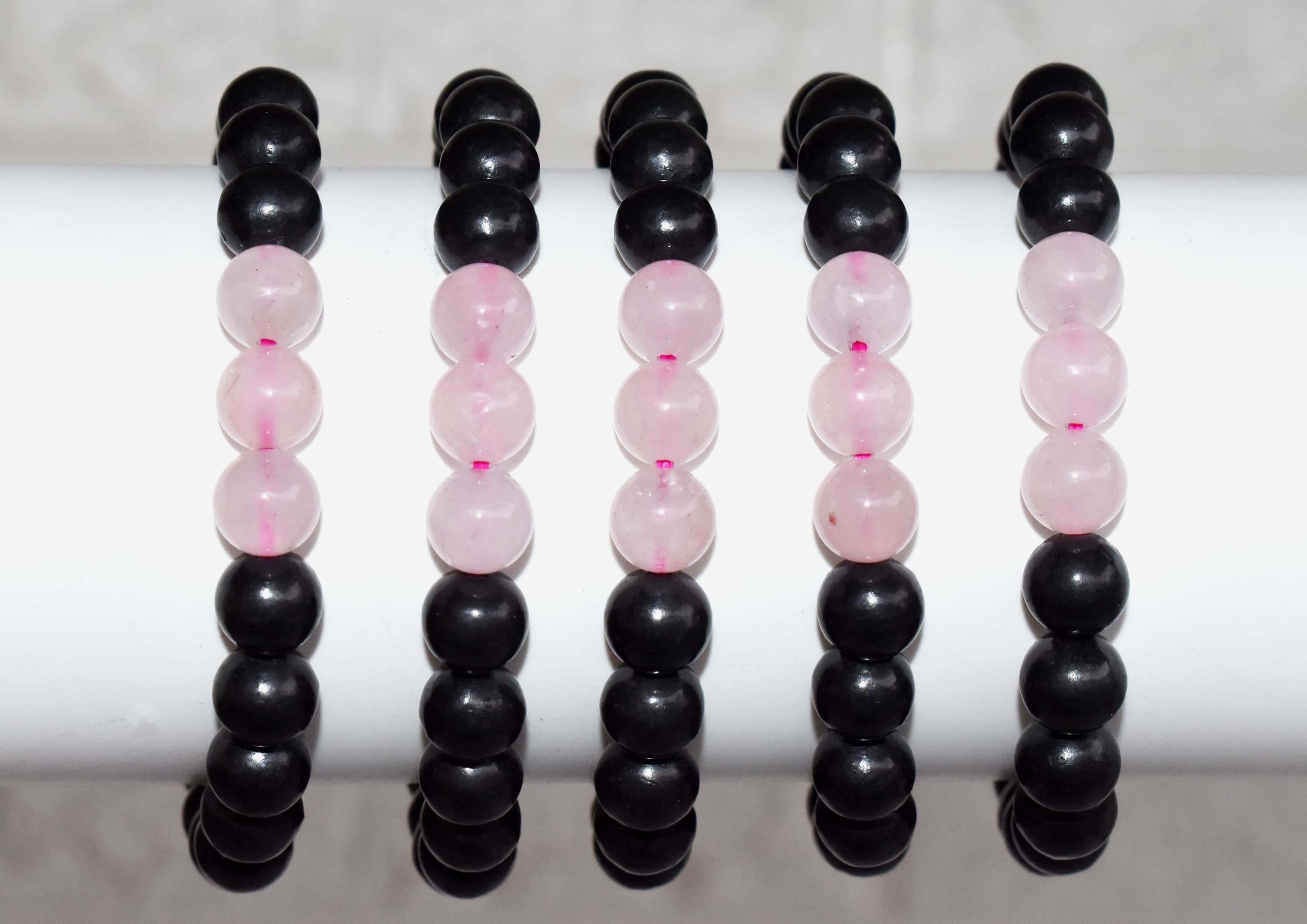 Emf Protection Bracelet Crystal Beaded Bracelet - Natural Gemstones, 8mm Beads, 7-7.5 Inches Long, Shungite Black & Rose Quartz | Round Shape, Weighs 32 Grams