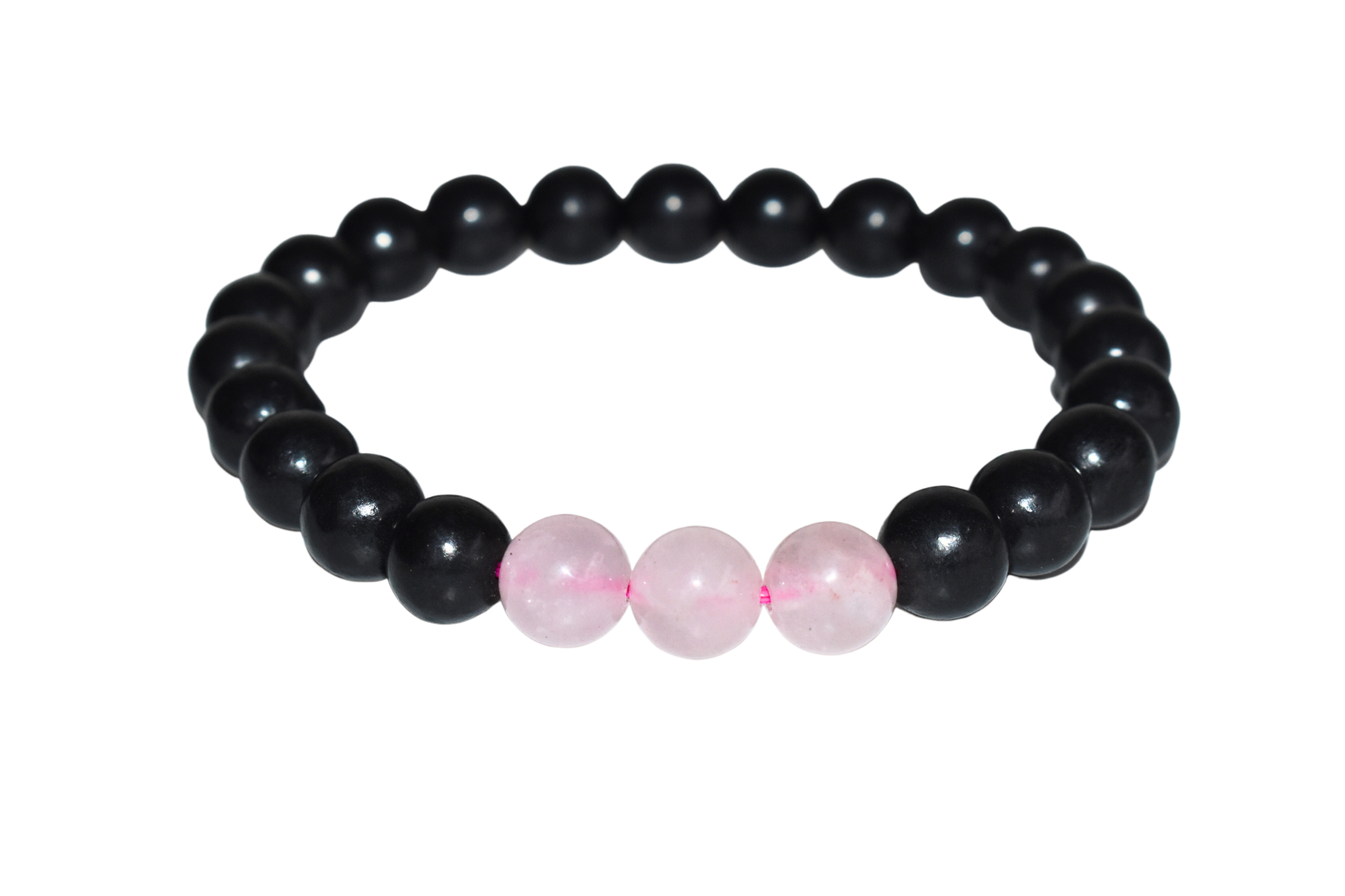 Emf Protection Bracelet Crystal Beaded Bracelet - Natural Gemstones, 8mm Beads, 7-7.5 Inches Long, Shungite Black & Rose Quartz | Round Shape, Weighs 32 Grams